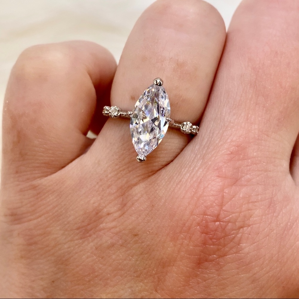 14k white gold 3 CT diamond ring marquise engagement wedding solitaire - Picture 6 of 12